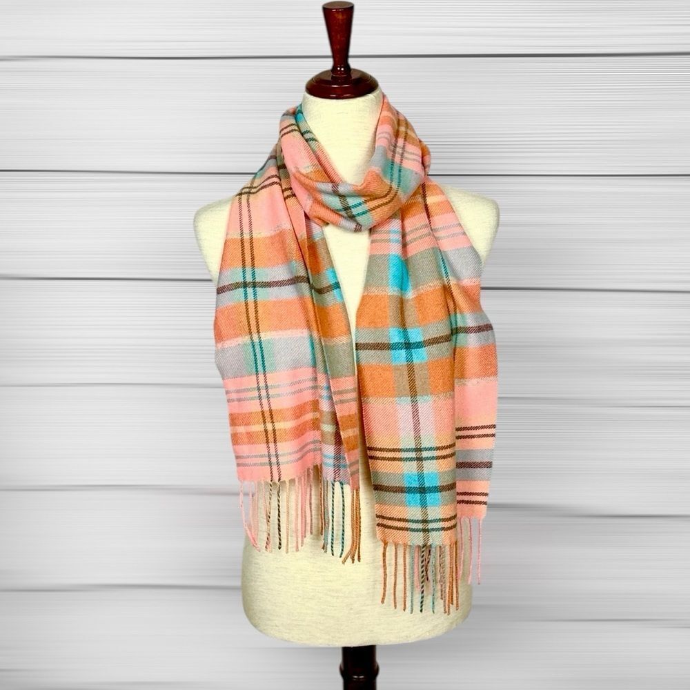 Peck & Peck Cashmere Long Scarf Plaid Pink Blue Tan with Fringe 10x72"